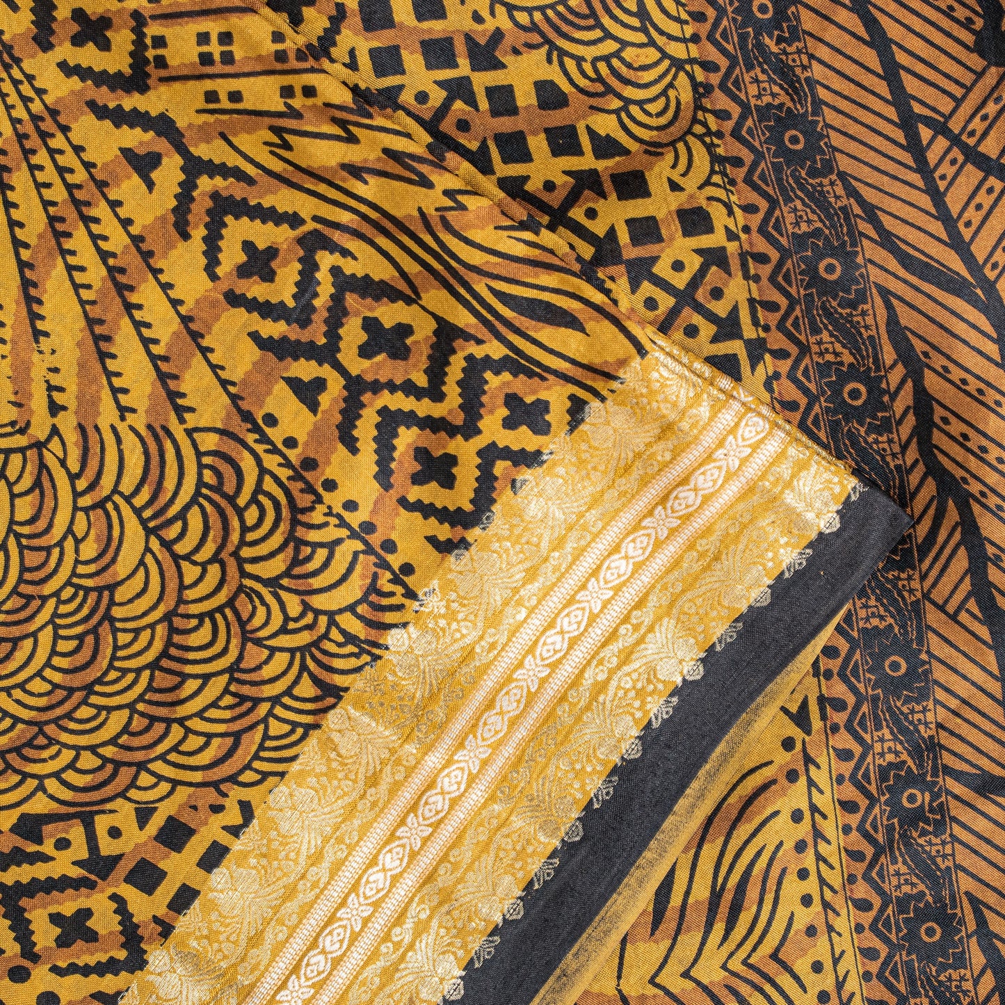 Sanskriti Vintage Saffron-Black Sari Soft Pure Silk Floral Print ZariSaree 5.5Yd