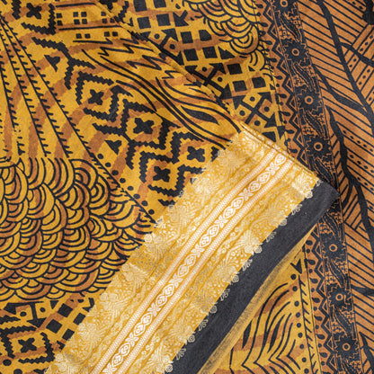 Sanskriti Vintage Saffron-Black Sari Soft Pure Silk Floral Print ZariSaree 5.5Yd