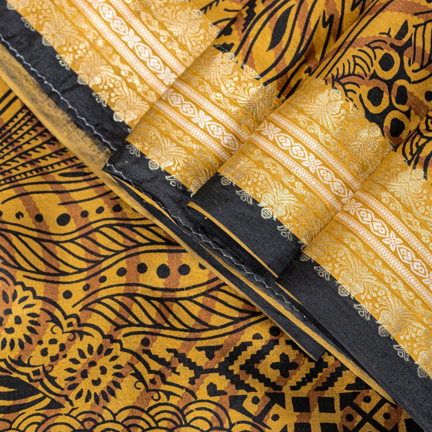 Sanskriti Vintage Saffron-Black Sari Soft Pure Silk Floral Print ZariSaree 5.5Yd
