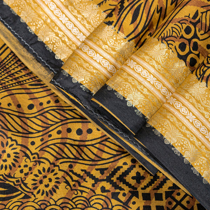 Sanskriti Vintage Saffron-Black Sari Soft Pure Silk Floral Print ZariSaree 5.5Yd