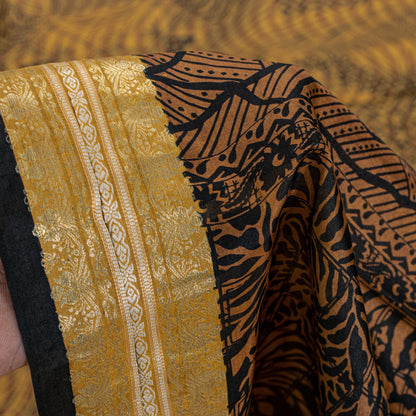 Sanskriti Vintage Saffron-Black Sari Soft Pure Silk Floral Print ZariSaree 5.5Yd