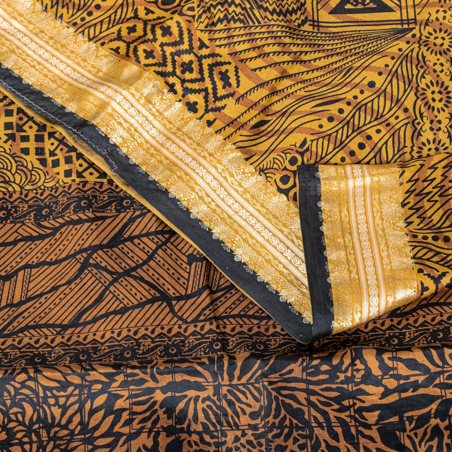Sanskriti Vintage Saffron-Black Sari Soft Pure Silk Floral Print ZariSaree 5.5Yd