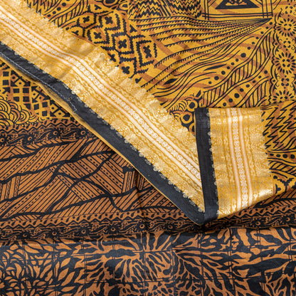 Sanskriti Vintage Saffron-Black Sari Soft Pure Silk Floral Print ZariSaree 5.5Yd