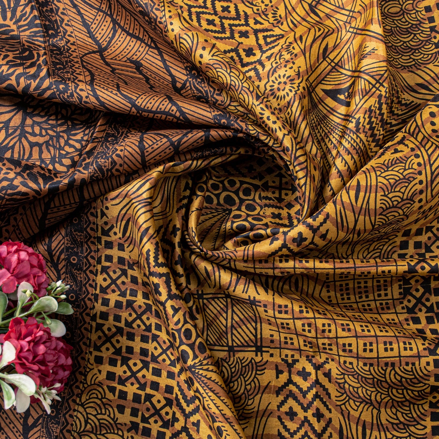 Sanskriti Vintage Saffron-Black Sari Soft Pure Silk Floral Print ZariSaree 5.5Yd