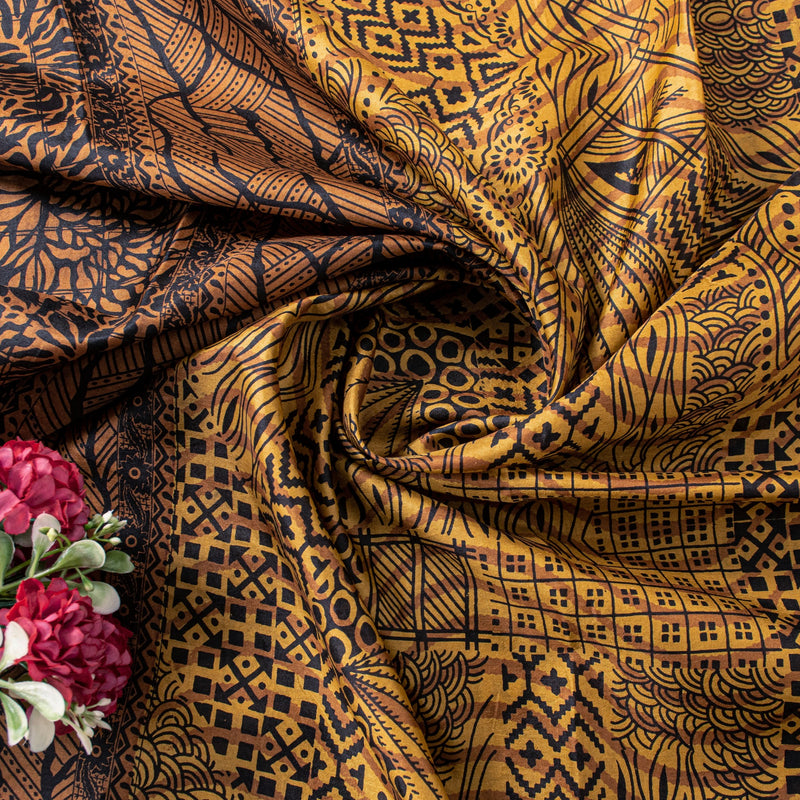 Sanskriti Vintage Saffron-Black Sari Soft Pure Silk Floral Print ZariSaree 5.5Yd