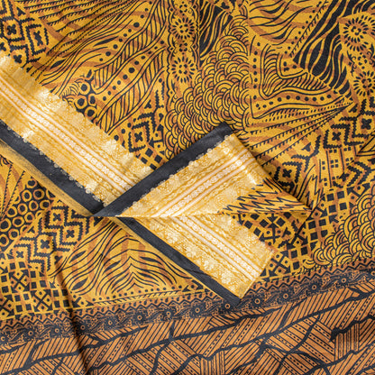 Sanskriti Vintage Saffron-Black Sari Soft Pure Silk Floral Print ZariSaree 5.5Yd