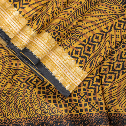 Sanskriti Vintage Saffron-Black Sari Soft Pure Silk Floral Print ZariSaree 5.5Yd