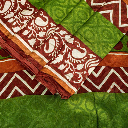 Sanskriti Vintage Green-Brown Sari Soft Pure Silk Geometric Print Saree 5.5Craft