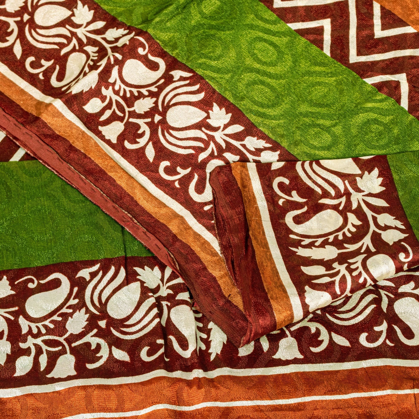 Sanskriti Vintage Green-Brown Sari Soft Pure Silk Geometric Print Saree 5.5Craft