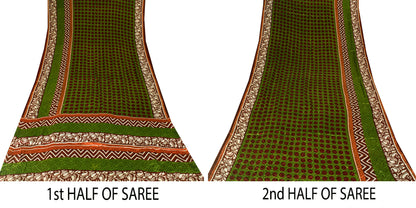 Sanskriti Vintage Green-Brown Sari Soft Pure Silk Geometric Print Saree 5.5Craft
