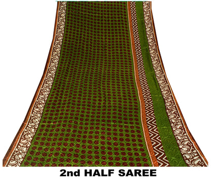 Sanskriti Vintage Green-Brown Sari Soft Pure Silk Geometric Print Saree 5.5Craft