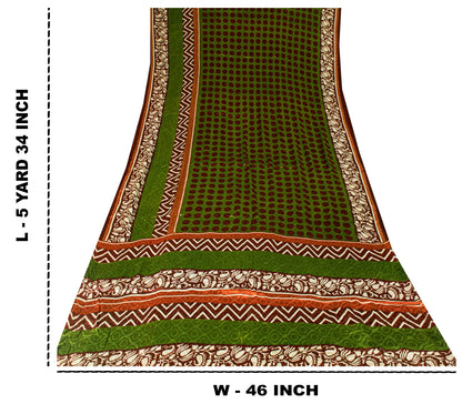 Sanskriti Vintage Green-Brown Sari Soft Pure Silk Geometric Print Saree 5.5Craft