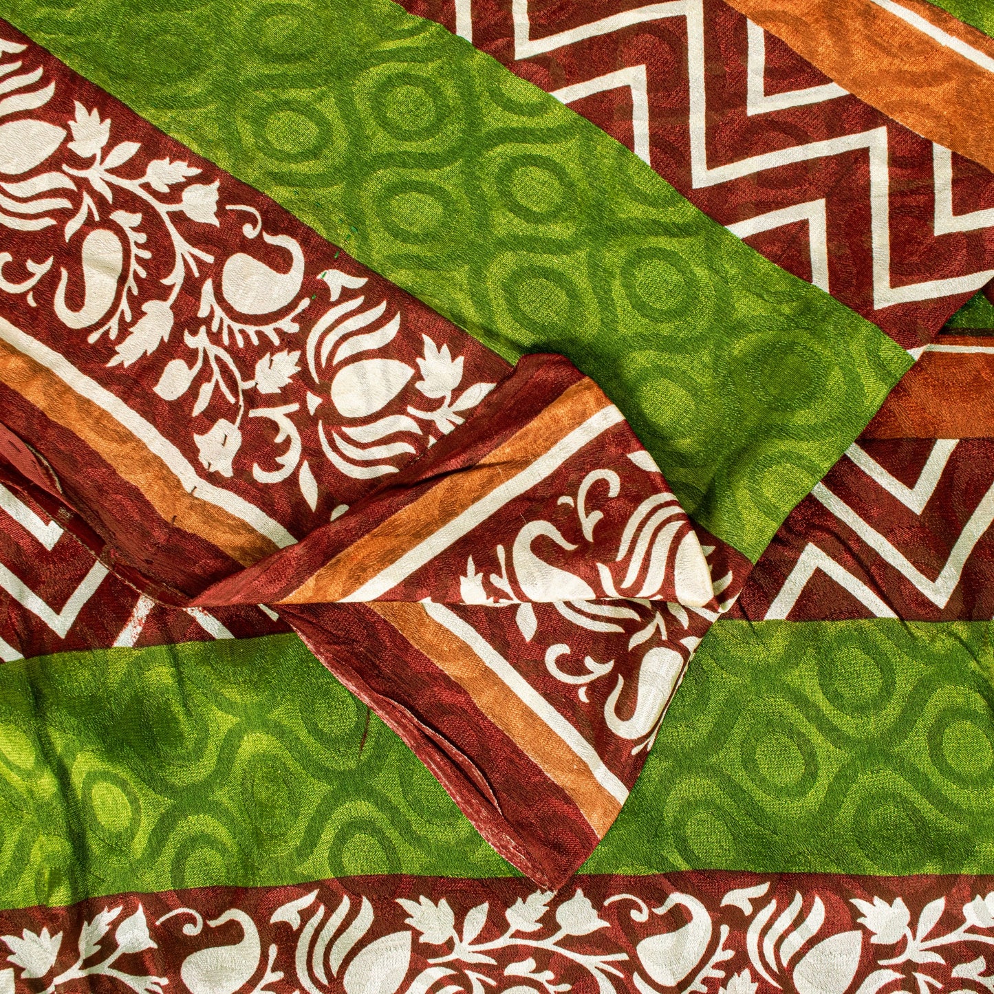 Sanskriti Vintage Green-Brown Sari Soft Pure Silk Geometric Print Saree 5.5Craft