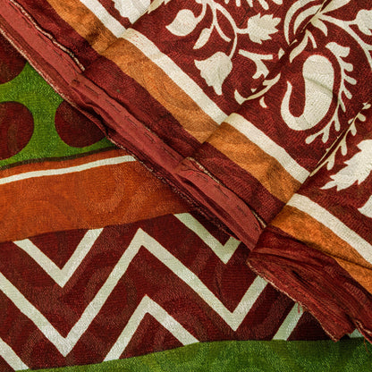 Sanskriti Vintage Green-Brown Sari Soft Pure Silk Geometric Print Saree 5.5Craft
