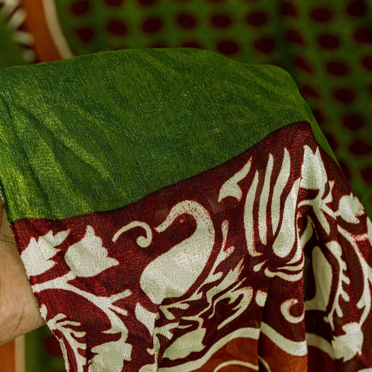 Sanskriti Vintage Green-Brown Sari Soft Pure Silk Geometric Print Saree 5.5Craft