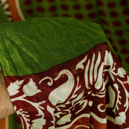 Sanskriti Vintage Green-Brown Sari Soft Pure Silk Geometric Print Saree 5.5Craft