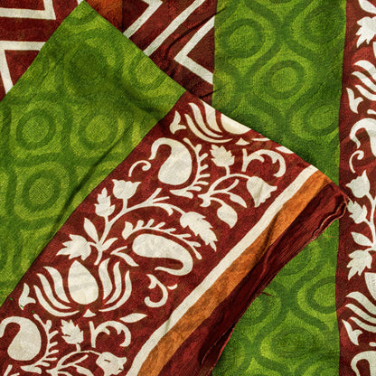 Sanskriti Vintage Green-Brown Sari Soft Pure Silk Geometric Print Saree 5.5Craft