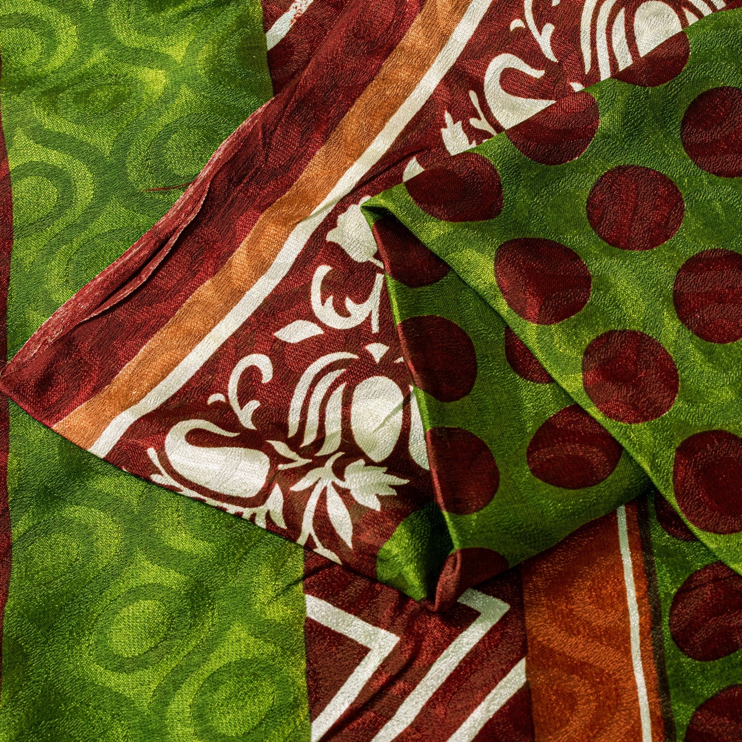 Sanskriti Vintage Green-Brown Sari Soft Pure Silk Geometric Print Saree 5.5Craft