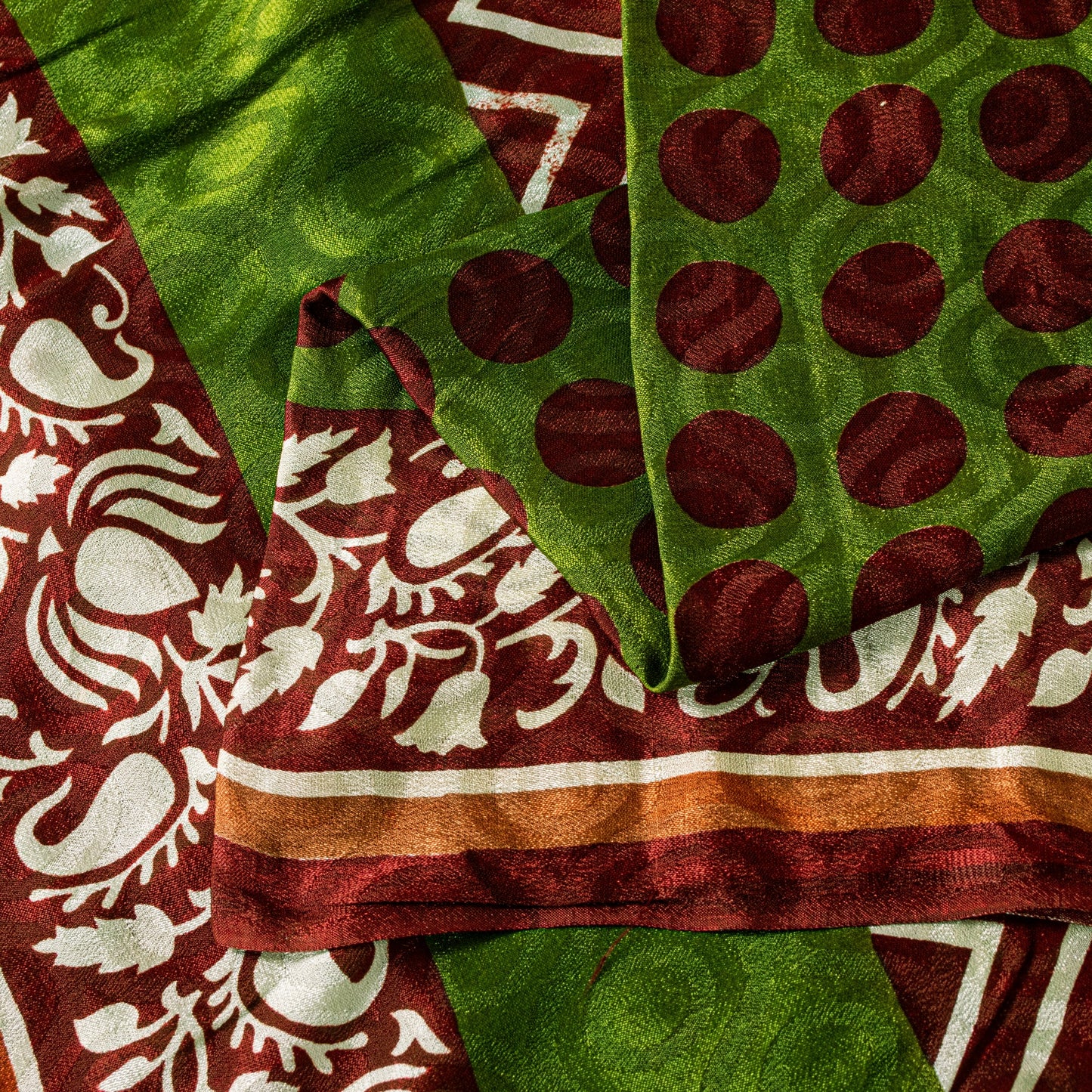 Sanskriti Vintage Green-Brown Sari Soft Pure Silk Geometric Print Saree 5.5Craft