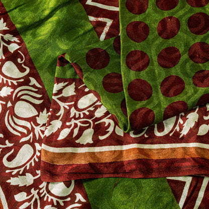 Sanskriti Vintage Green-Brown Sari Soft Pure Silk Geometric Print Saree 5.5Craft