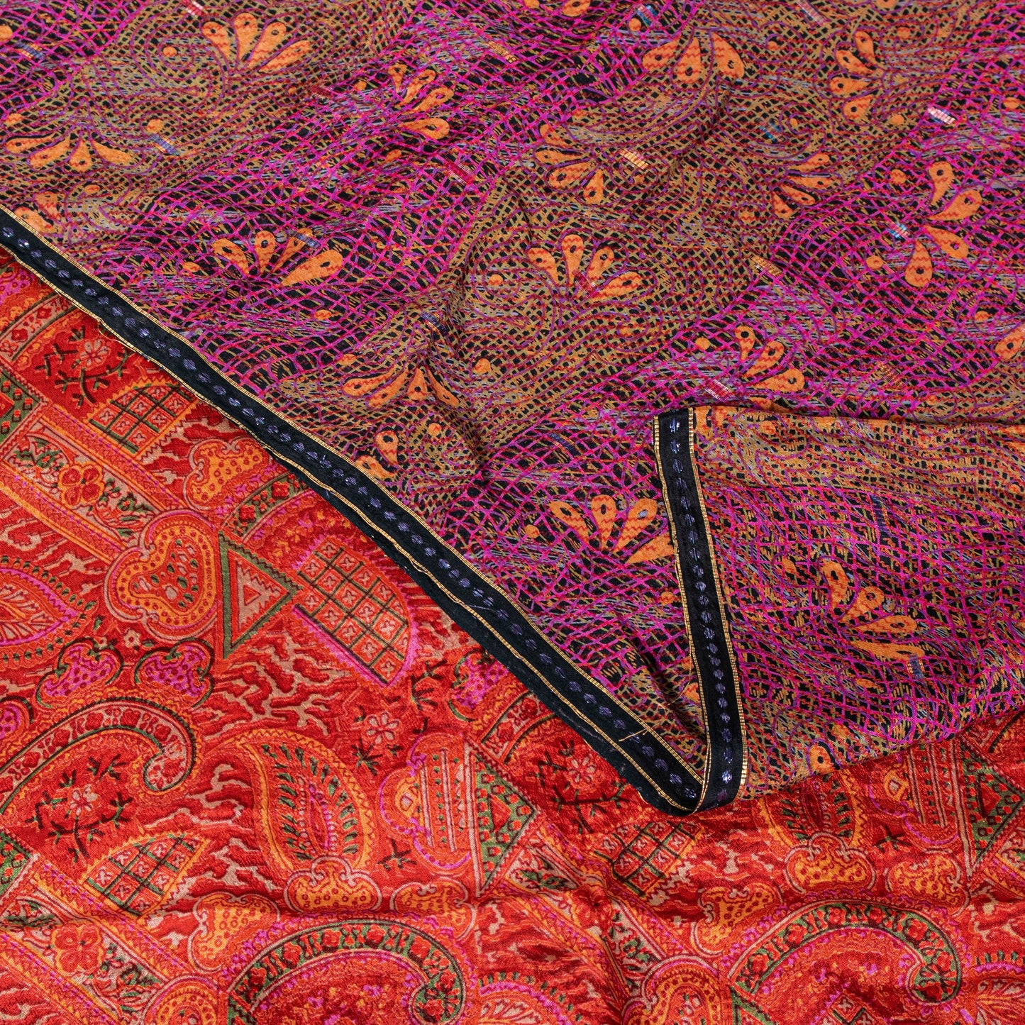 Sanskriti Vintage Sari Red-Orange Pure Silk Saree Kashmiri Paisley Print 5+Yd