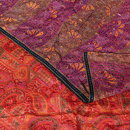 Sanskriti Vintage Sari Red-Orange Pure Silk Saree Kashmiri Paisley Print 5+Yd