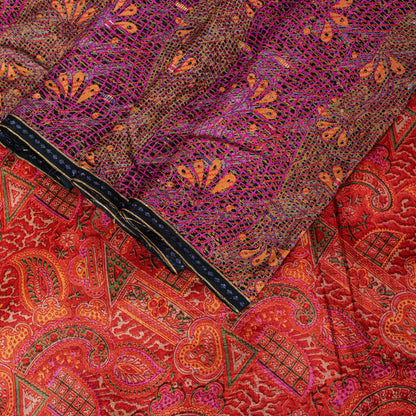 Sanskriti Vintage Sari Red-Orange Pure Silk Saree Kashmiri Paisley Print 5+Yd