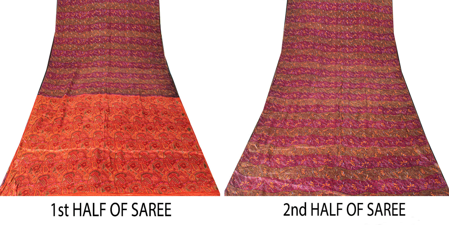 Sanskriti Vintage Sari Red-Orange Pure Silk Saree Kashmiri Paisley Print 5+Yd