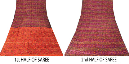 Sanskriti Vintage Sari Red-Orange Pure Silk Saree Kashmiri Paisley Print 5+Yd