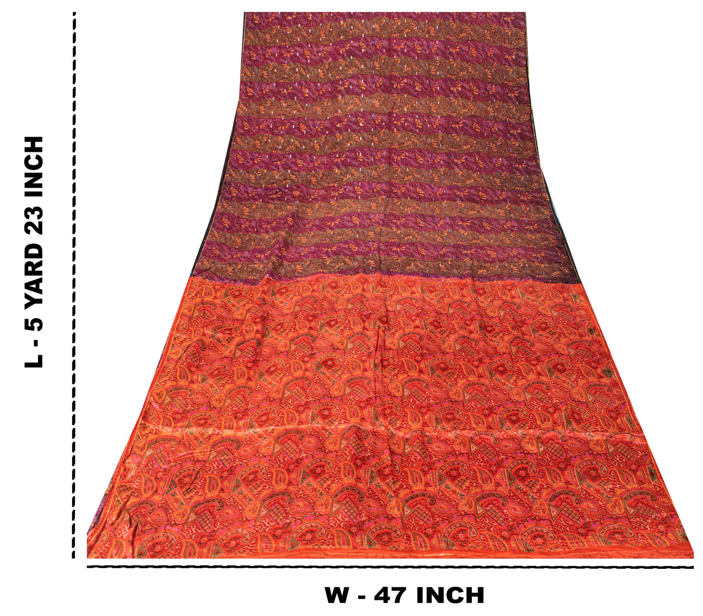 Sanskriti Vintage Sari Red-Orange Pure Silk Saree Kashmiri Paisley Print 5+Yd