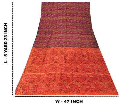 Sanskriti Vintage Sari Red-Orange Pure Silk Saree Kashmiri Paisley Print 5+Yd