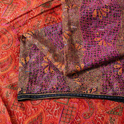 Sanskriti Vintage Sari Red-Orange Pure Silk Saree Kashmiri Paisley Print 5+Yd