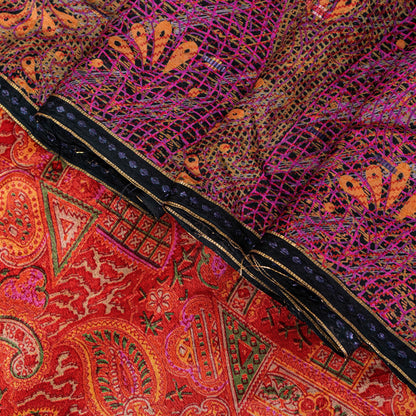 Sanskriti Vintage Sari Red-Orange Pure Silk Saree Kashmiri Paisley Print 5+Yd