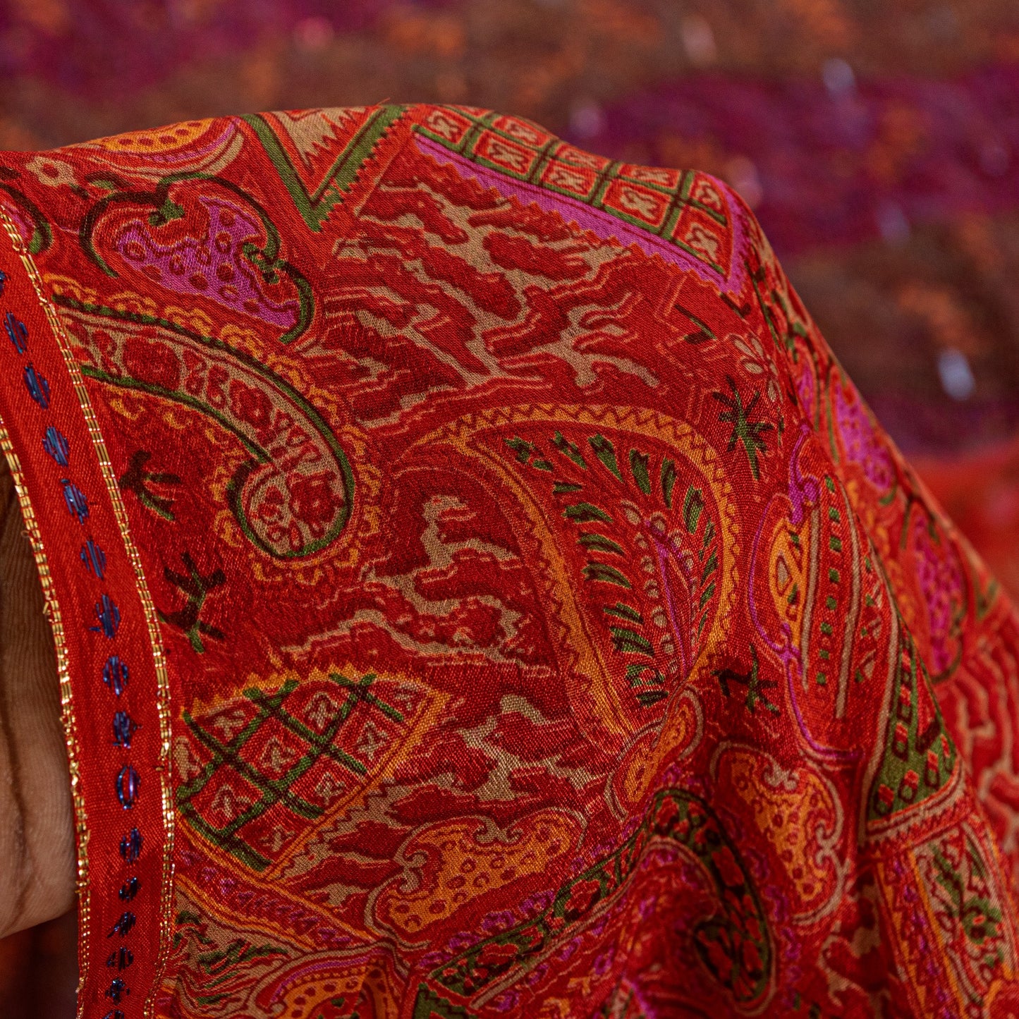 Sanskriti Vintage Sari Red-Orange Pure Silk Saree Kashmiri Paisley Print 5+Yd