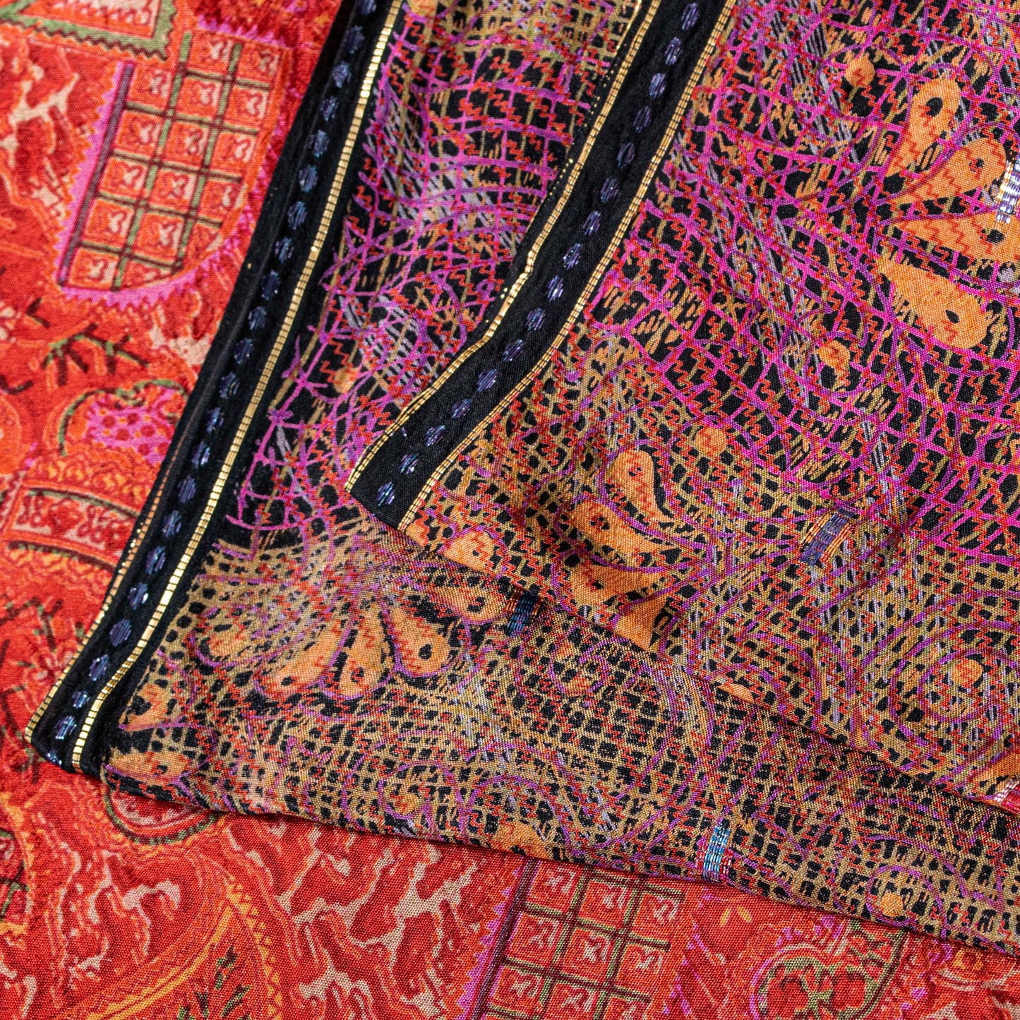 Sanskriti Vintage Sari Red-Orange Pure Silk Saree Kashmiri Paisley Print 5+Yd