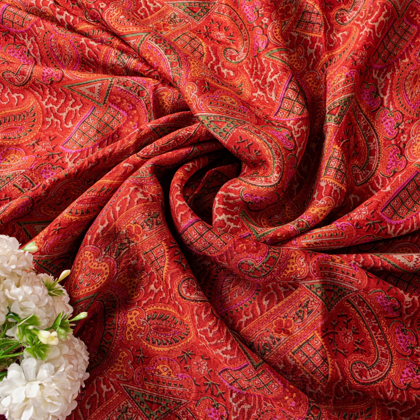 Sanskriti Vintage Sari Red-Orange Pure Silk Saree Kashmiri Paisley Print 5+Yd
