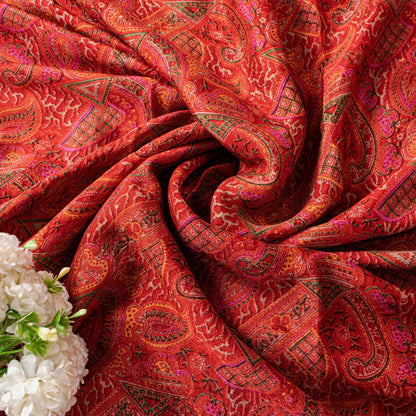 Sanskriti Vintage Sari Red-Orange Pure Silk Saree Kashmiri Paisley Print 5+Yd