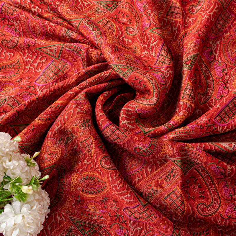 Sanskriti Vintage Sari Red-Orange Pure Silk Saree Kashmiri Paisley Print 5+Yd