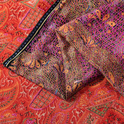 Sanskriti Vintage Sari Red-Orange Pure Silk Saree Kashmiri Paisley Print 5+Yd