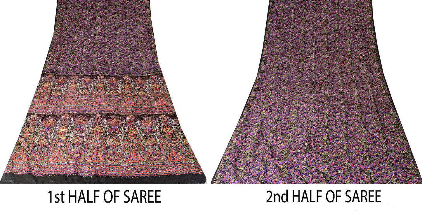 Sanskriti Vintage Purple Sari Soft Pure Silk Paisley Print Saree 5.5Yard Fabric
