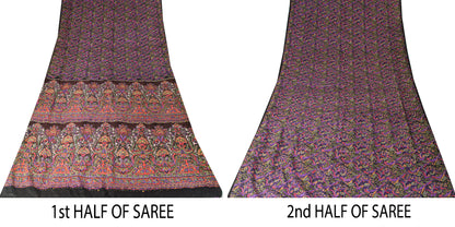 Sanskriti Vintage Purple Sari Soft Pure Silk Paisley Print Saree 5.5Yard Fabric
