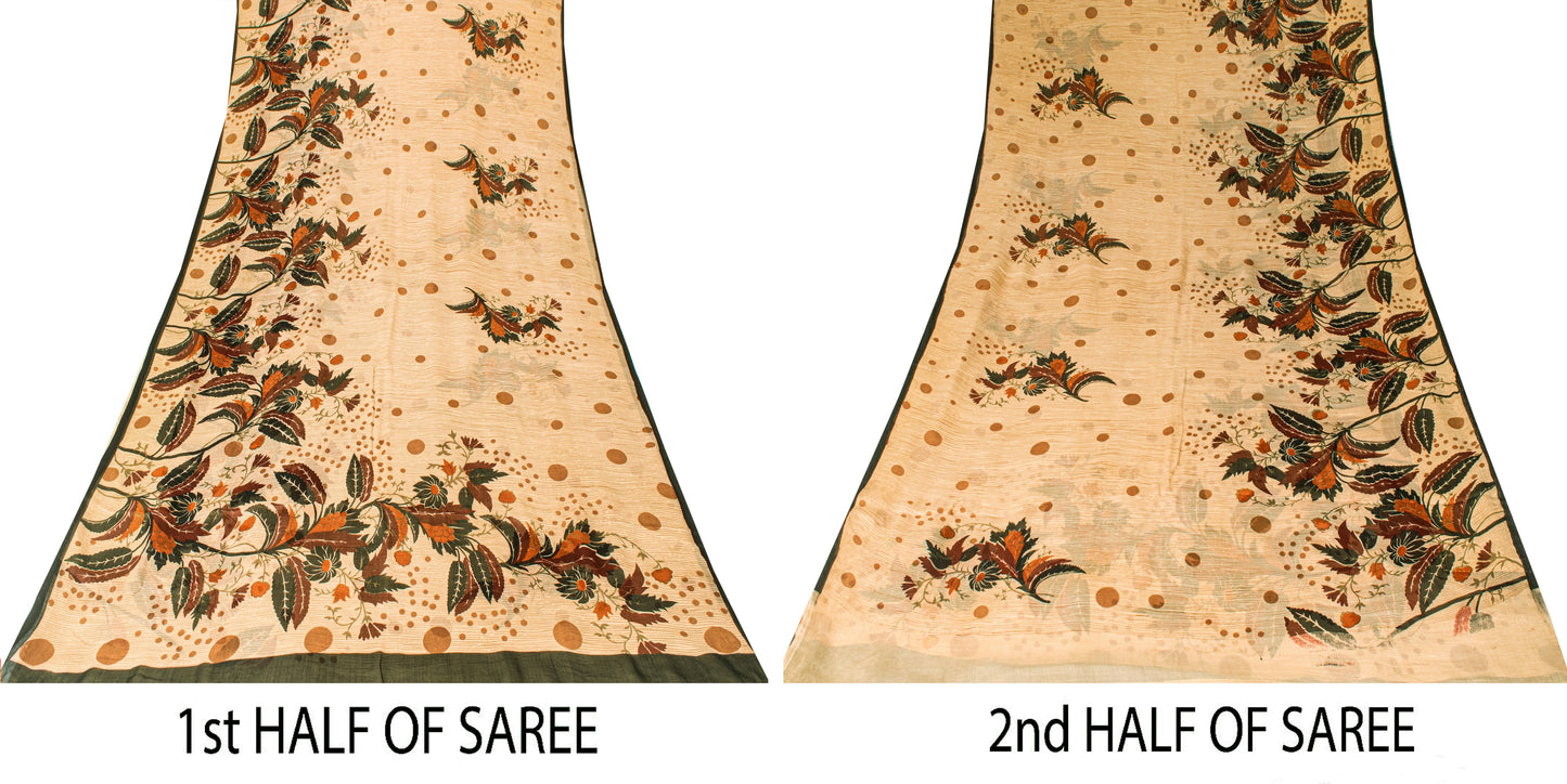 Sanskriti Vintage Beige Sari Soft Pure Silk Floral Print Saree 6+Yd Craft Fabric