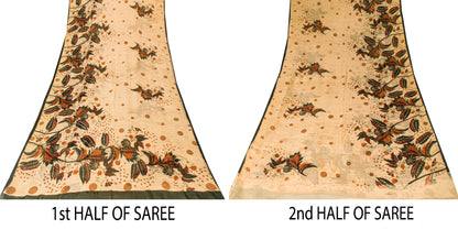 Sanskriti Vintage Beige Sari Soft Pure Silk Floral Print Saree 6+Yd Craft Fabric