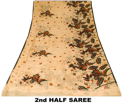 Sanskriti Vintage Beige Sari Soft Pure Silk Floral Print Saree 6+Yd Craft Fabric