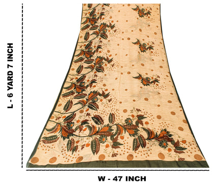 Sanskriti Vintage Beige Sari Soft Pure Silk Floral Print Saree 6+Yd Craft Fabric