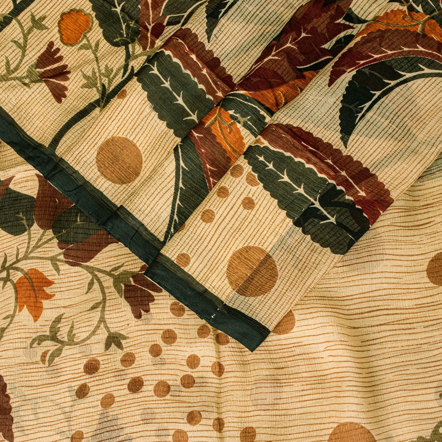 Sanskriti Vintage Beige Sari Soft Pure Silk Floral Print Saree 6+Yd Craft Fabric