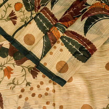 Sanskriti Vintage Beige Sari Soft Pure Silk Floral Print Saree 6+Yd Craft Fabric
