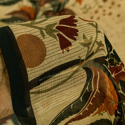 Sanskriti Vintage Beige Sari Soft Pure Silk Floral Print Saree 6+Yd Craft Fabric
