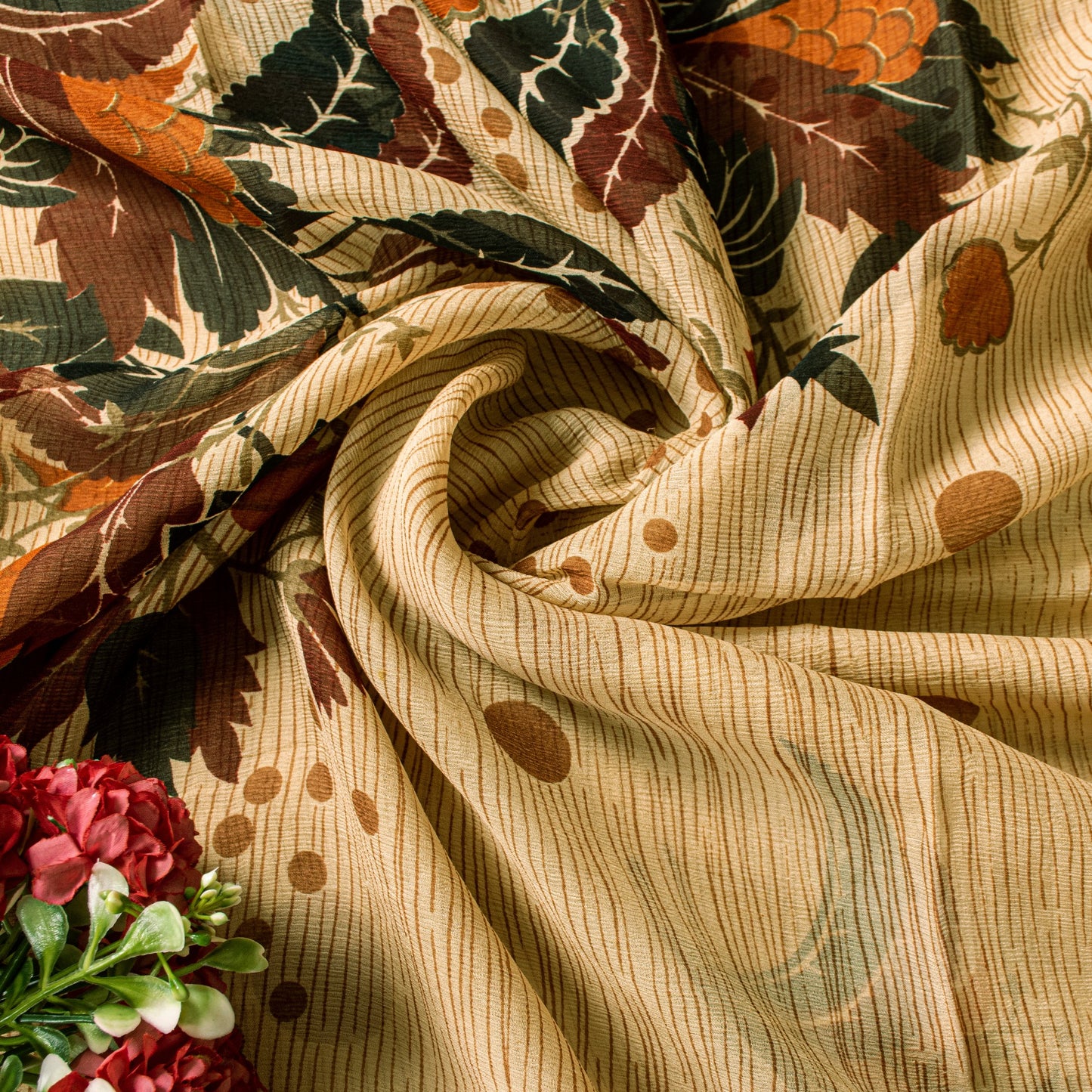 Sanskriti Vintage Beige Sari Soft Pure Silk Floral Print Saree 6+Yd Craft Fabric