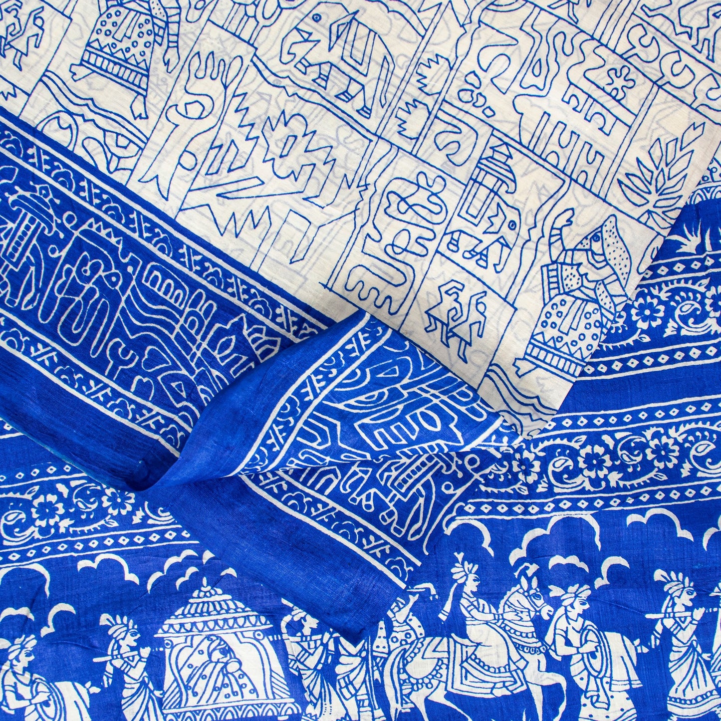 Sanskriti Vintage Royal Blue-White Pure Soft Silk Saree Geometric Print 5+Yd